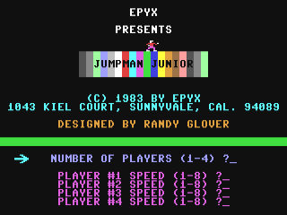 Jumpman Junior title screen for Commodore 64